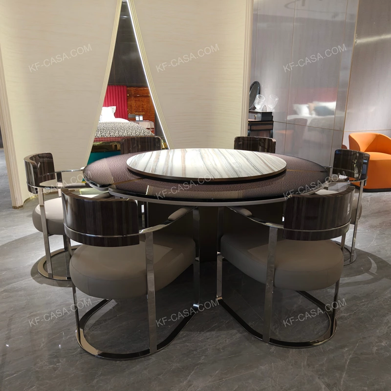 Arc-Base Dining Table with Marble Lazy Susan and Speckled Outer Panels